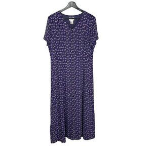 Vintage 90s Purple Micro Floral Button Up Short Sleeve Full Length Dress Medium